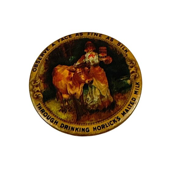 Vintage Horlick’s Malted Milk Pocket Mirror Tin Litho Girl Cow Dairy Ad 1900s - Picture 2 of 6